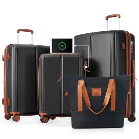 Luggage Sets 4 Piece, Expandable PP Lightweight Suitcase with Travel Bag, Carry On Luggage Suitcase Set with 360Â° Spinner Wheels, black and Brown
