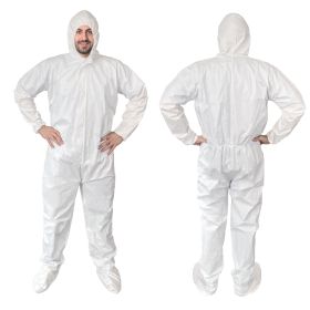 White Hazmat Suits, X-Large. Pack of 5 Waterproof MPP Disposable Coveralls with Hood, Boots, Elastic Wrists